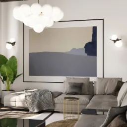 Jasne wnętrze salonu z narożną sofą w odcieniach szarości, abstrakcyjnym obrazem na ścianie i dużymi roślinami doniczkowymi podświetlonymi przez nowoczesne kinkiety.