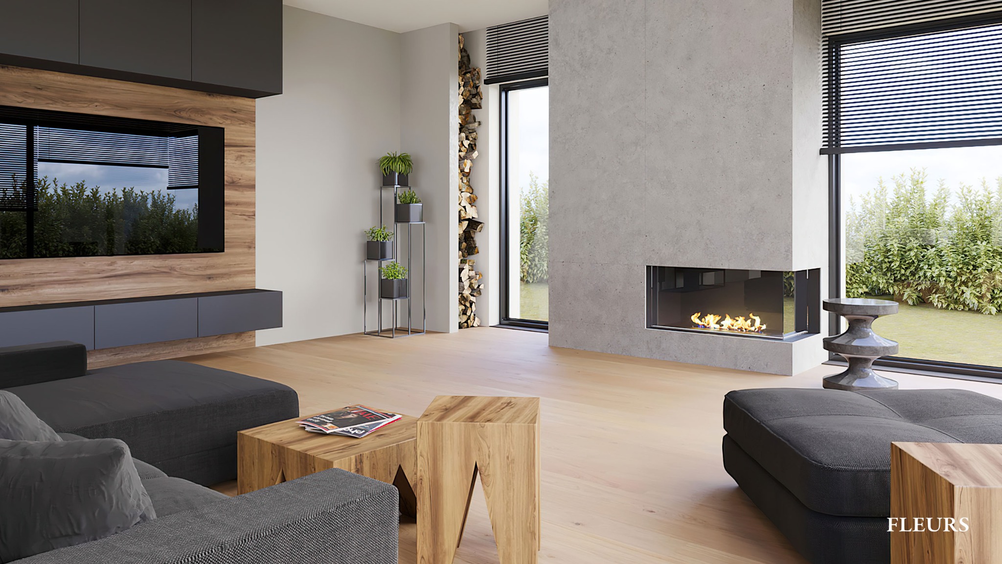 Nowoczesny salon z szarą sofą modułową, drewnianymi stolikami kawowymi o geometrycznych nogach, betonowym kominkiem narożnym z paleniskiem gazowym, ścianą z drewnem kominkowym i roślinami...