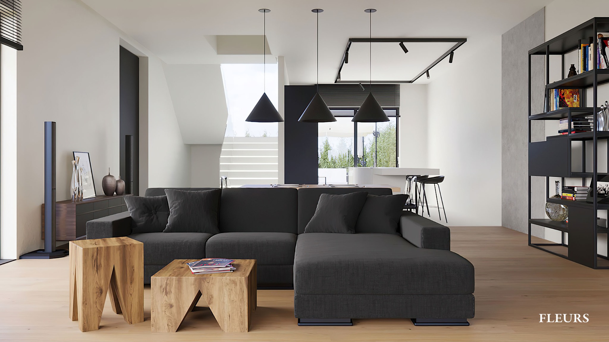 Nowoczesny salon z szarą sofą narożną, drewnianymi stolikami kawowymi o geometrycznym kształcie, wiszącymi lampami w kształcie stożków i regałem z czarnymi półkami na książki i dekoracje.