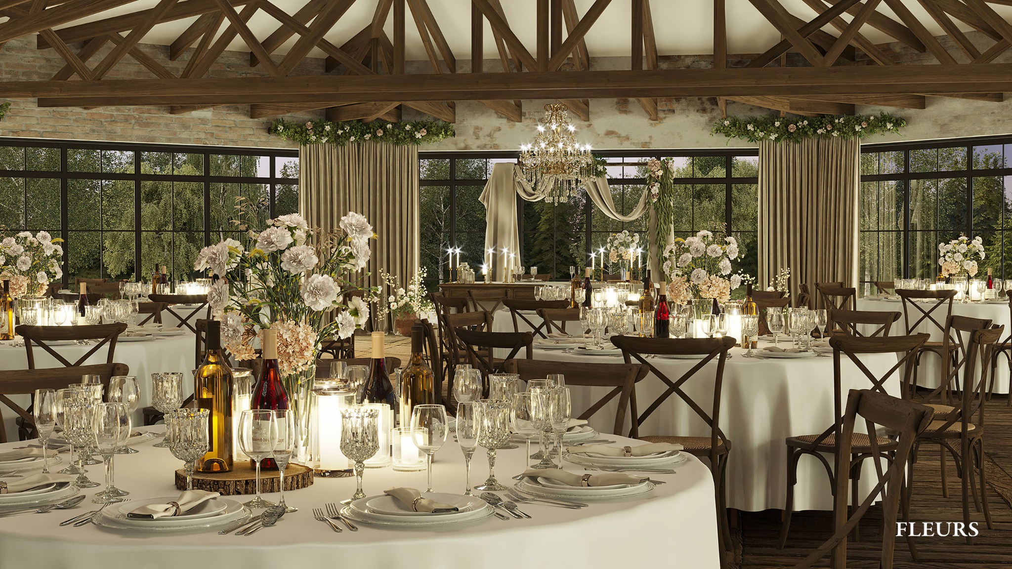 Elegancko urządzona sala bankietowa z okrągłymi stołami, białymi obrusami, kwiatowymi dekoracjami, świecami i kryształowymi kieliszkami, drewniane krzesła i sufit z belek, widok na zewnątrz przez...