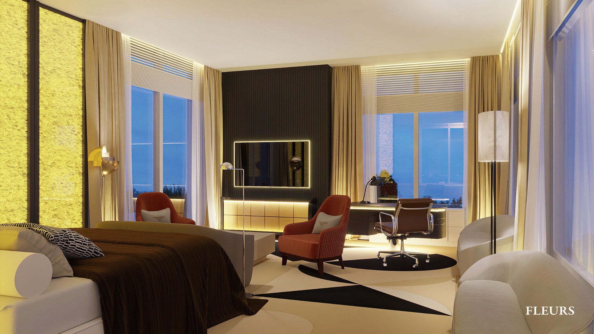 Nowoczesna sypialnia z miejscem do pracy, brązowe łóżko z wzorzystą poduszką, fotel w kolorze terakoty, biurko z krzesłem obrotowym i czarno-biała podłoga.