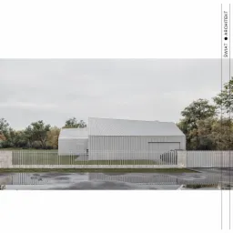 Wizualizacja nowoczesnego, szarego domu jednorodzinnego z garażem, otoczonego minimalistycznym ogrodzeniem i drzewami w jesiennej scenerii, odbicie w kałużach na podjeździe.