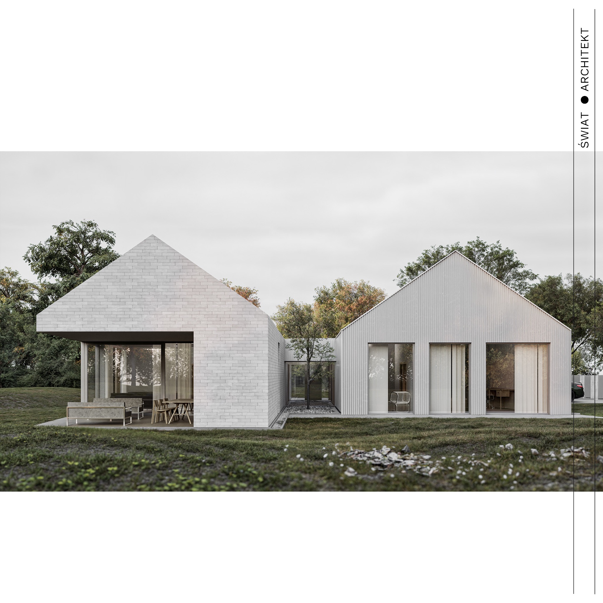 Wizualizacja nowoczesnego domu jednorodzinnego z białej cegły i drewna, otoczonego zielenią. Minimalistyczny design, duże przeszklenia i naturalne materiały.