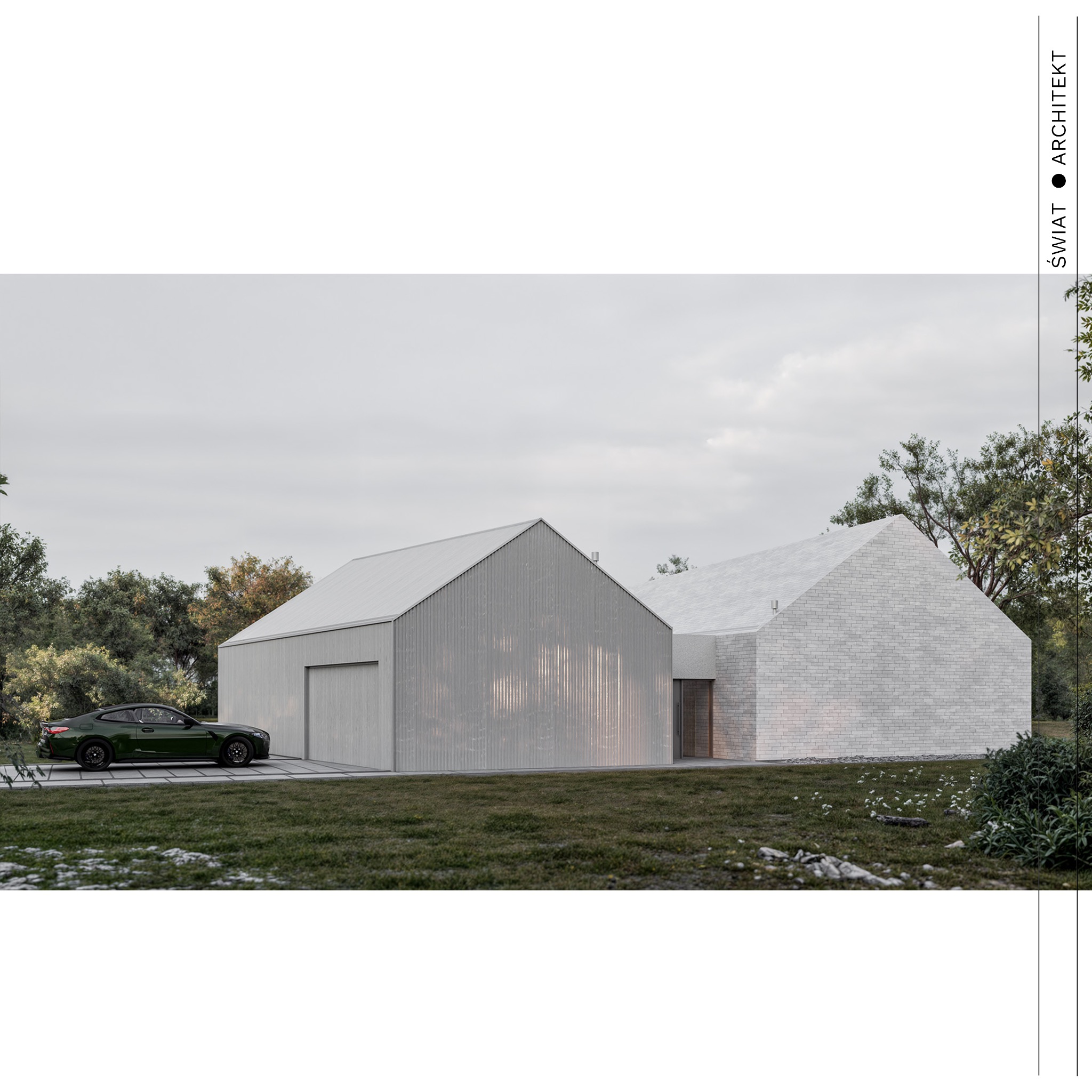 Wizualizacja nowoczesnego domu jednorodzinnego z garażem, wykończonego w jasnej kolorystyce z zielonym autem na podjeździe, otoczonego zielenią. Minimalistyczny design.