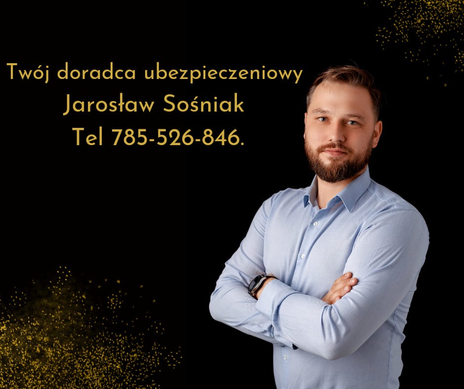 Portret doradcy ubezpieczeniowego Jarosława Sośniaka na czarnym tle z złotymi akcentami, kontakt telefoniczny widoczny.