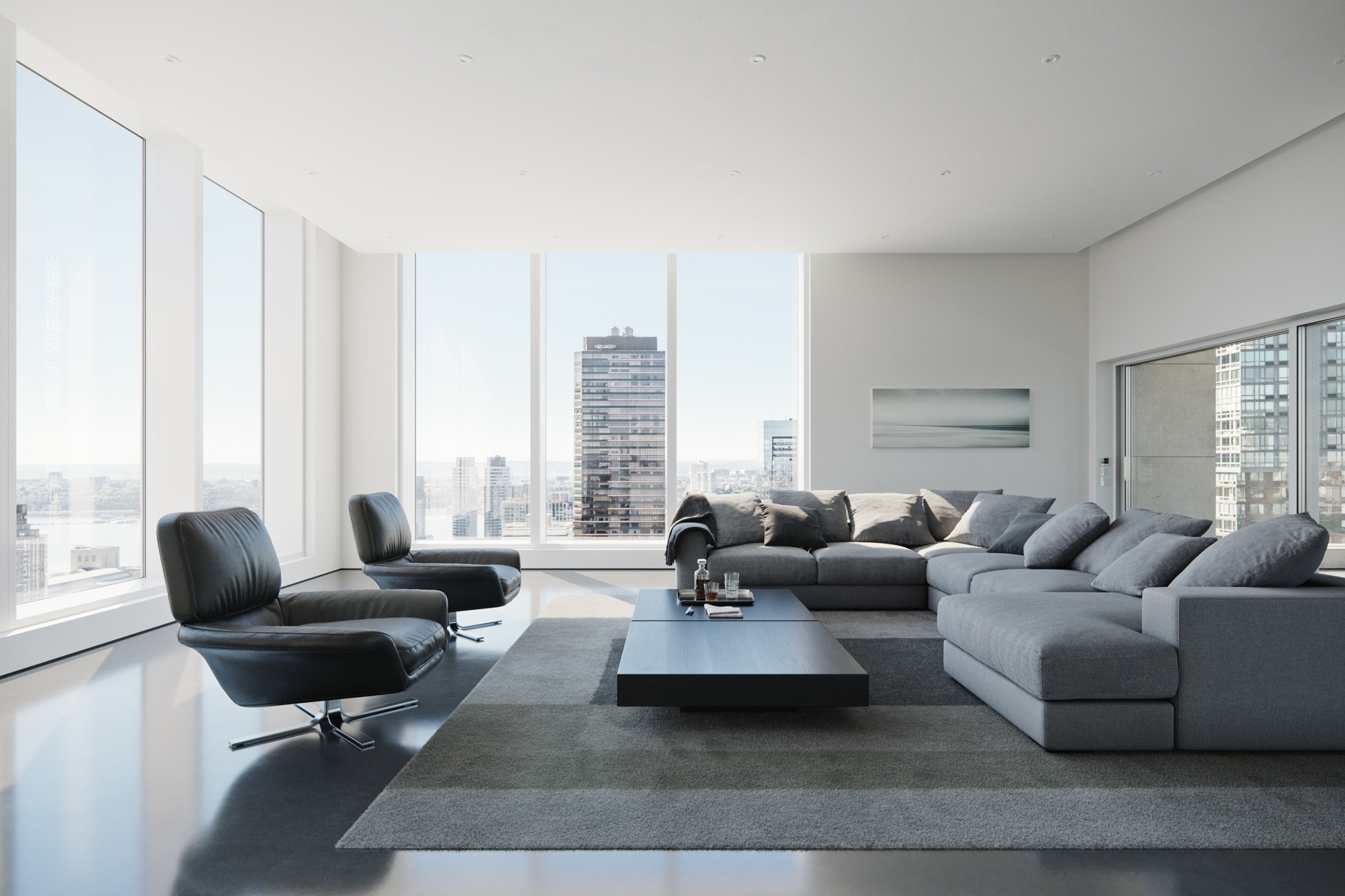 Nowoczesny salon w Olesnie z panoramicznym widokiem na miasto, wyposażony w szarą sofę narożną, czarne skórzane fotele i minimalistyczny stolik kawowy na dywanie w odcieniach szarości.