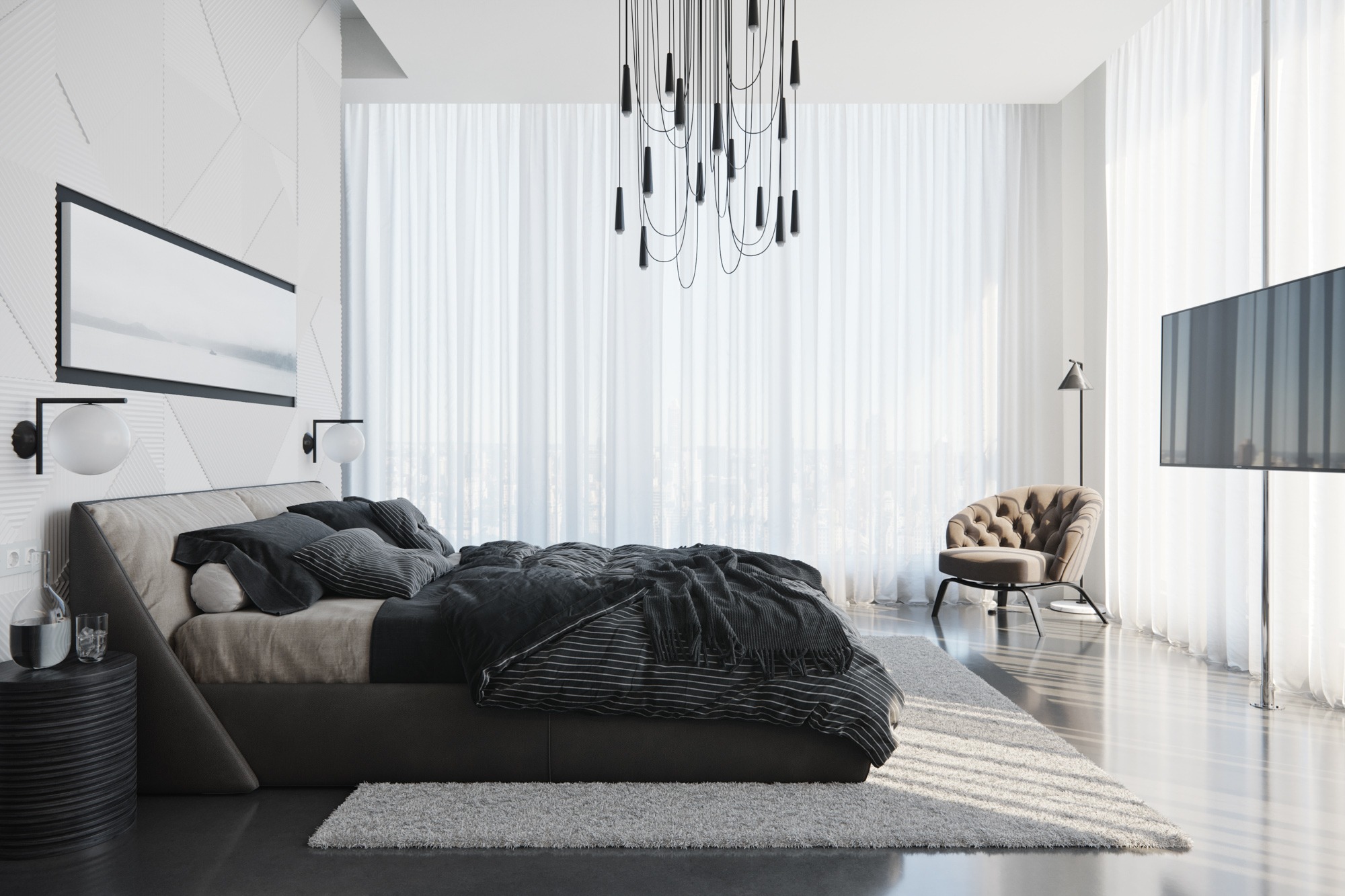 Nowoczesna sypialnia z designerskim łóżkiem, czarną pościelą w paski, geometryczną ścianą, telewizorem na stojaku oraz okrągłym fotelem na tle białych zasłon.