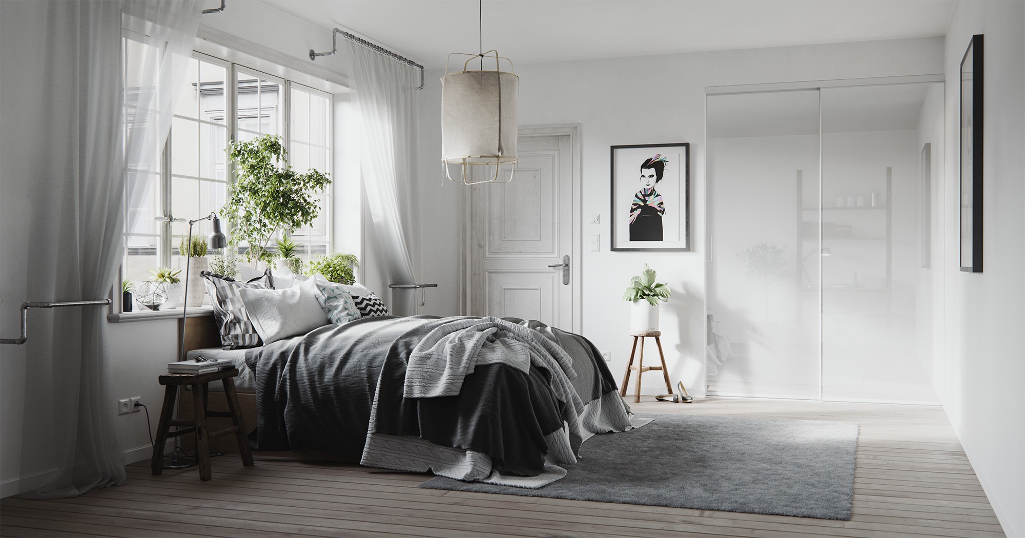 Jasne wnętrze sypialni w stylu skandynawskim z dużym oknem, roślinami doniczkowymi na parapecie, szarą pościelą na łóżku, drewnianą podłogą, obrazem na ścianie i przesuwnymi drzwiami do garderoby.