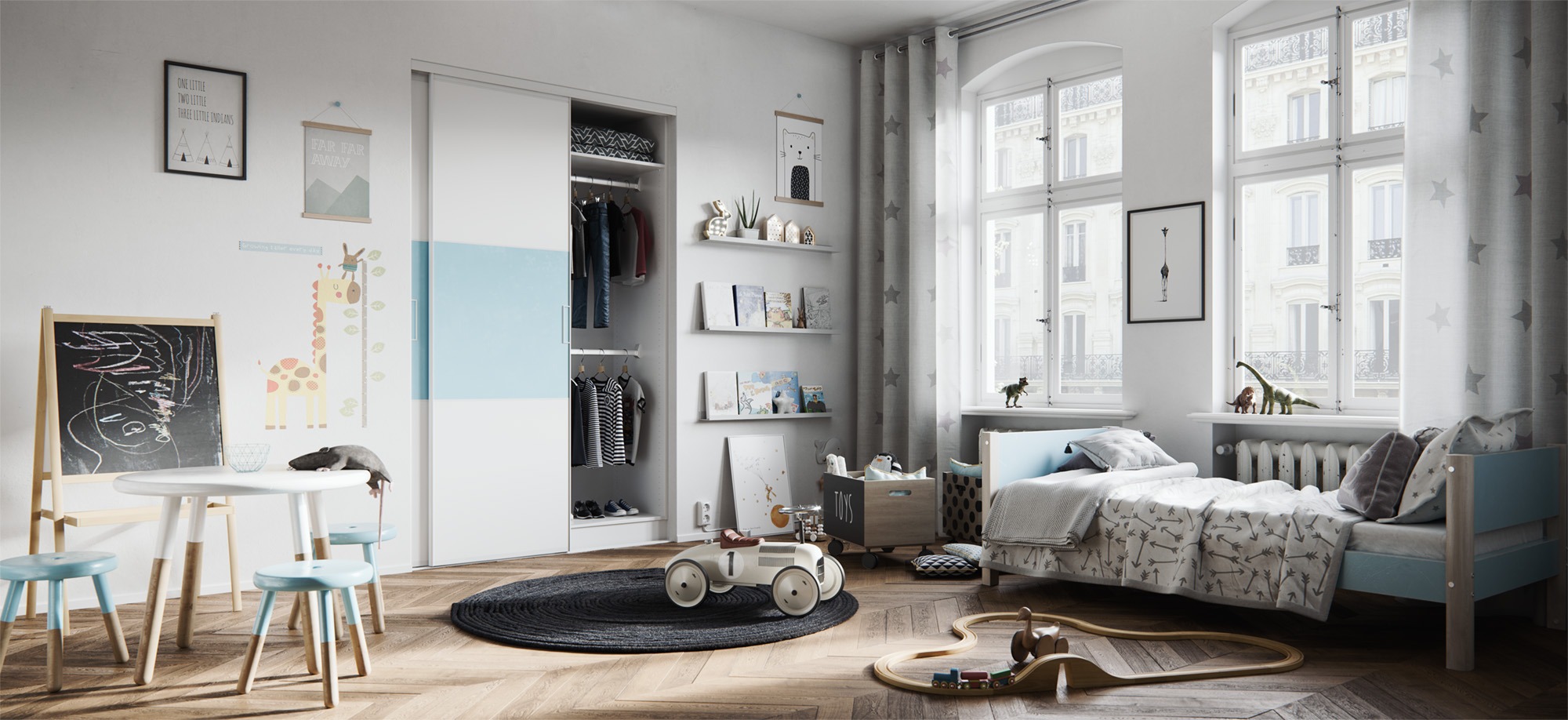 Jasny pokój dziecięcy z drewnianą podłogą w jodełkę, białymi ścianami i meblami w pastelowych kolorach. W pokoju znajduje się łóżko, stół z krzesłami, szafa z przesuwnymi drzwiami, dywan i zabawki,...