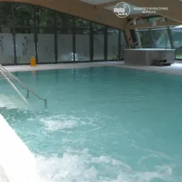 Kryty basen z jasną wodą, dysze wodne w rogu, duże okna z dekoracyjnymi wzorami, jacuzzi w tle, drewniana konstrukcja dachu.