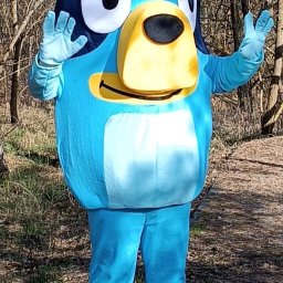 KIDS CLUB Szymon Wyrwas - Osoba w kostiumie postaci z kreskówki Bluey, stojąca na zewnątrz w lesie, z uniesionymi rękami w geście powitania.