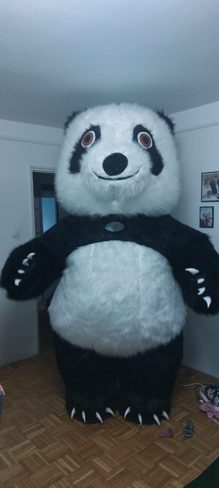 Pluszowy kostium pandy z dużymi białymi łapami i uśmiechniętą twarzą, stojący w pokoju z parkietem, obok drzwi i zdjęć na ścianie.