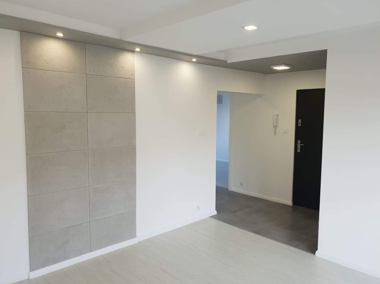 Nowoczesny przedpokój z betonową ścianą dekoracyjną z podświetleniem punktowym, szarą podłogą w przejściu i białą podłogą w dalszej części, czarne drzwi wejściowe.