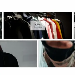 Układ graficzny strony internetowej sklepu e-commerce z podziałem na kategorie odzieży: czapki, kurtki, buty sportowe, odzież damska i męska.