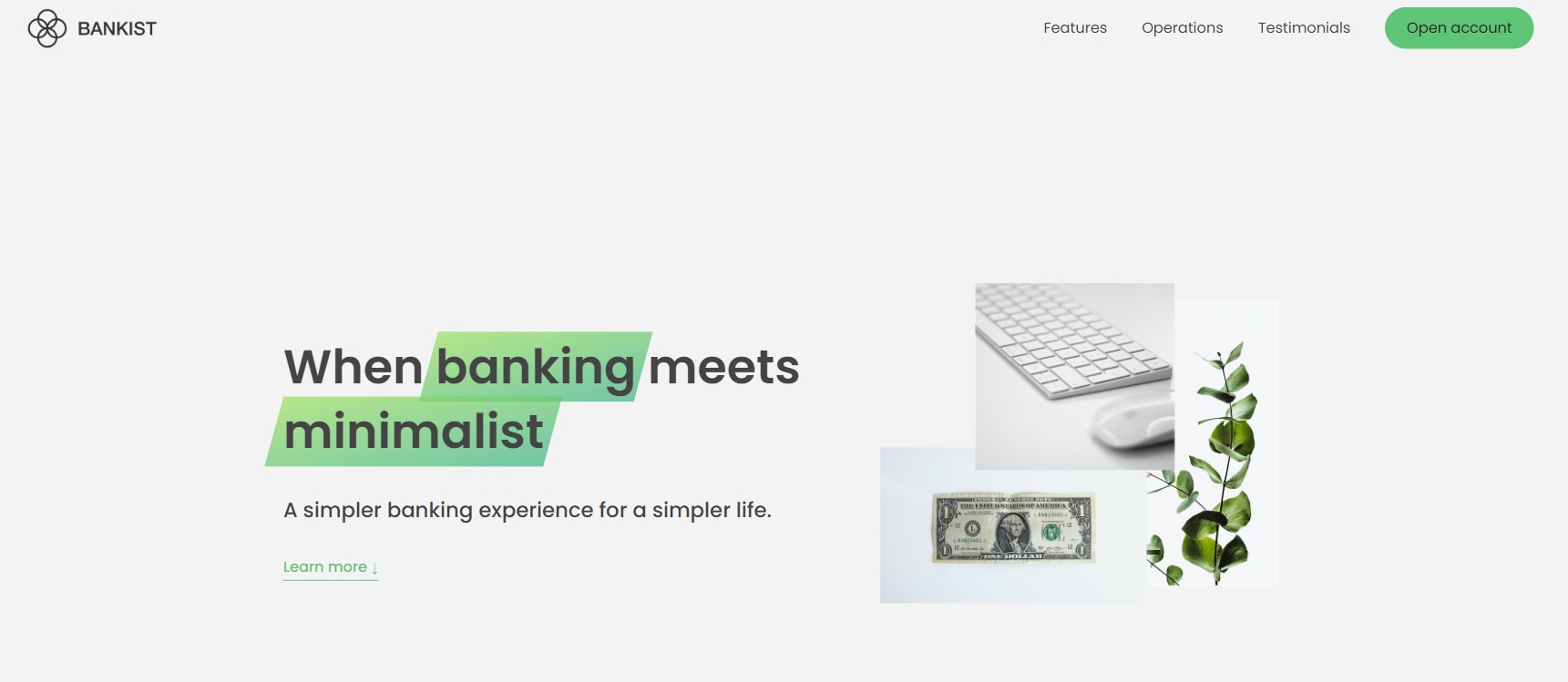 Przykład landing page dla aplikacji finansowej, funkcjonalność zbudowana za pomocą JavaScript.