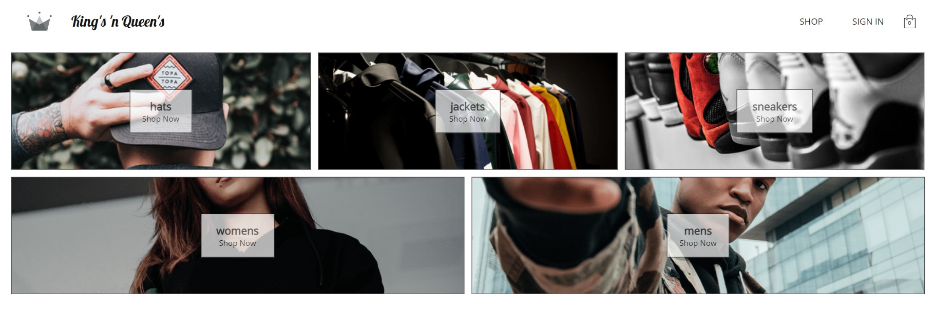 Układ graficzny strony internetowej sklepu e-commerce z podziałem na kategorie odzieży: czapki, kurtki, buty sportowe, odzież damska i męska.