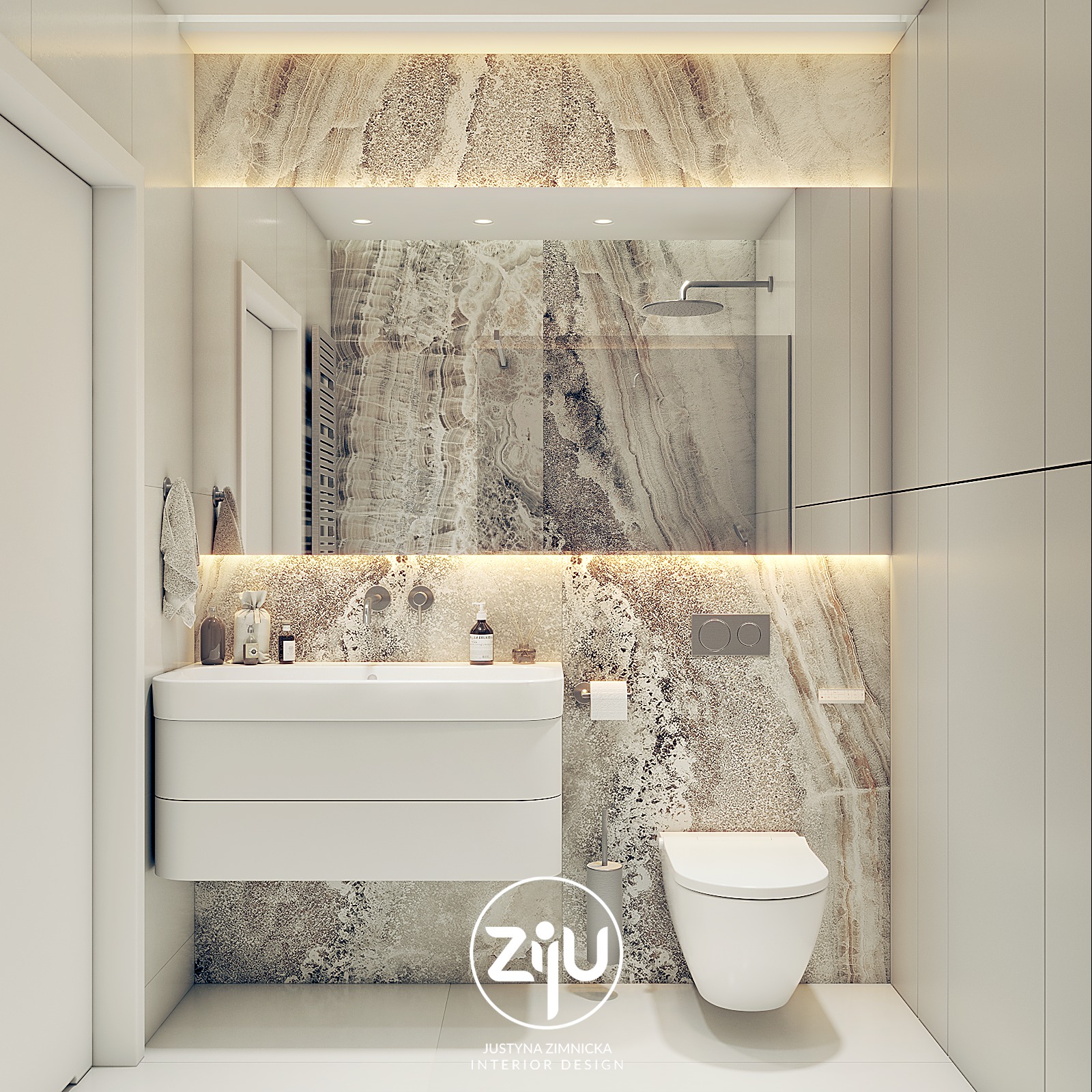 Elegancka łazienka z białymi meblami i ścianą wykończoną kamieniem w odcieniach beżu i szarości, oświetlona subtelnym światłem LED.