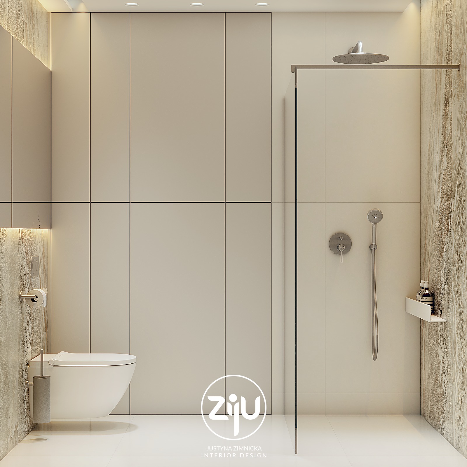 Minimalistyczna łazienka w Szczecinie z kabiną prysznicową typu walk-in, toaletą podwieszaną i panelami ściennymi w odcieniach beżu, oświetlona punktowymi lampami sufitowymi.