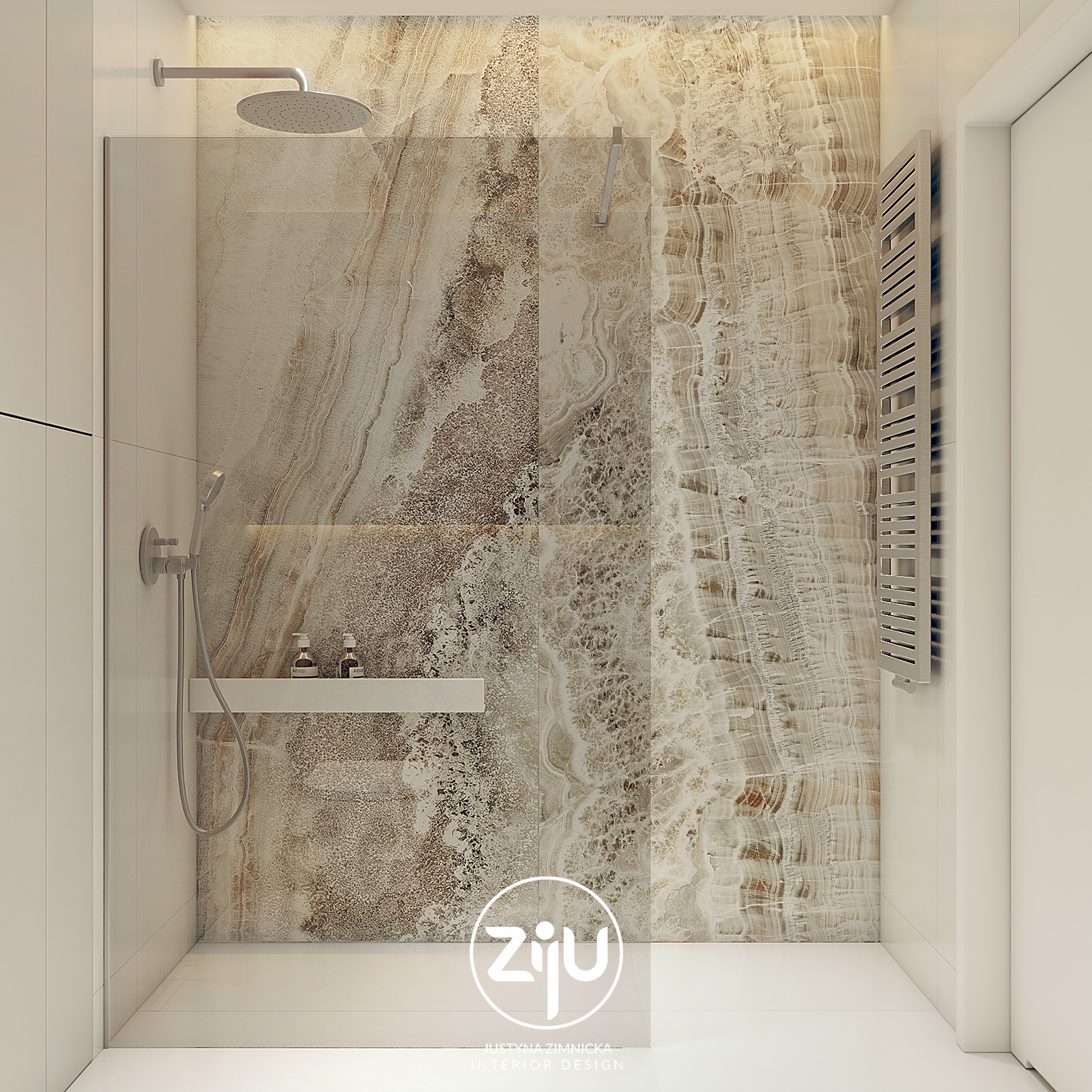 Nowoczesna kabina prysznicowa z marmurowymi płytkami, deszczownicą i półką na kosmetyki Aesop.