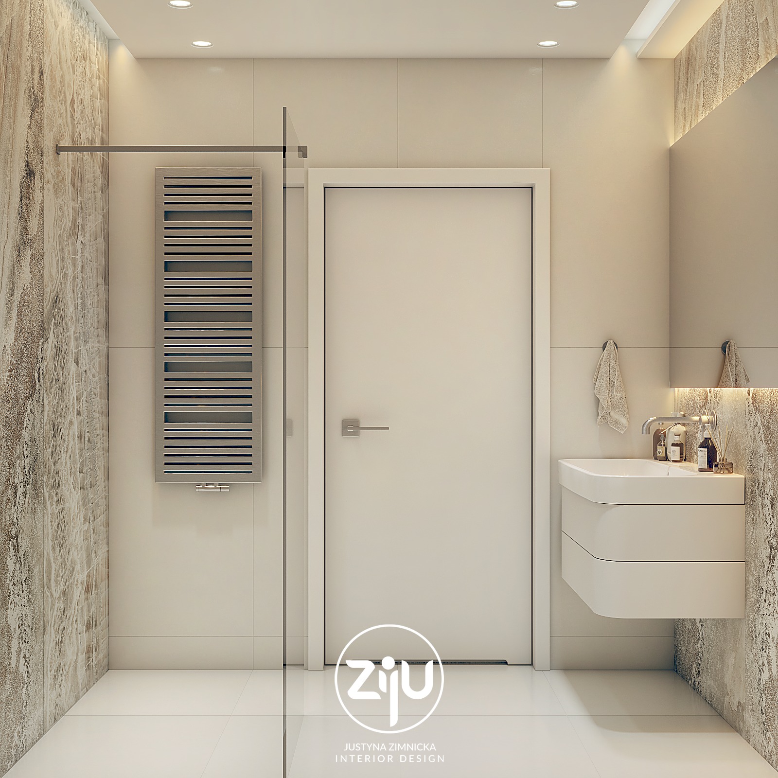 Nowoczesna łazienka z marmurową ścianą, grzejnikiem drabinkowym, wiszącą umywalką i minimalistyczną armaturą, oświetlona punktowymi lampami sufitowymi.