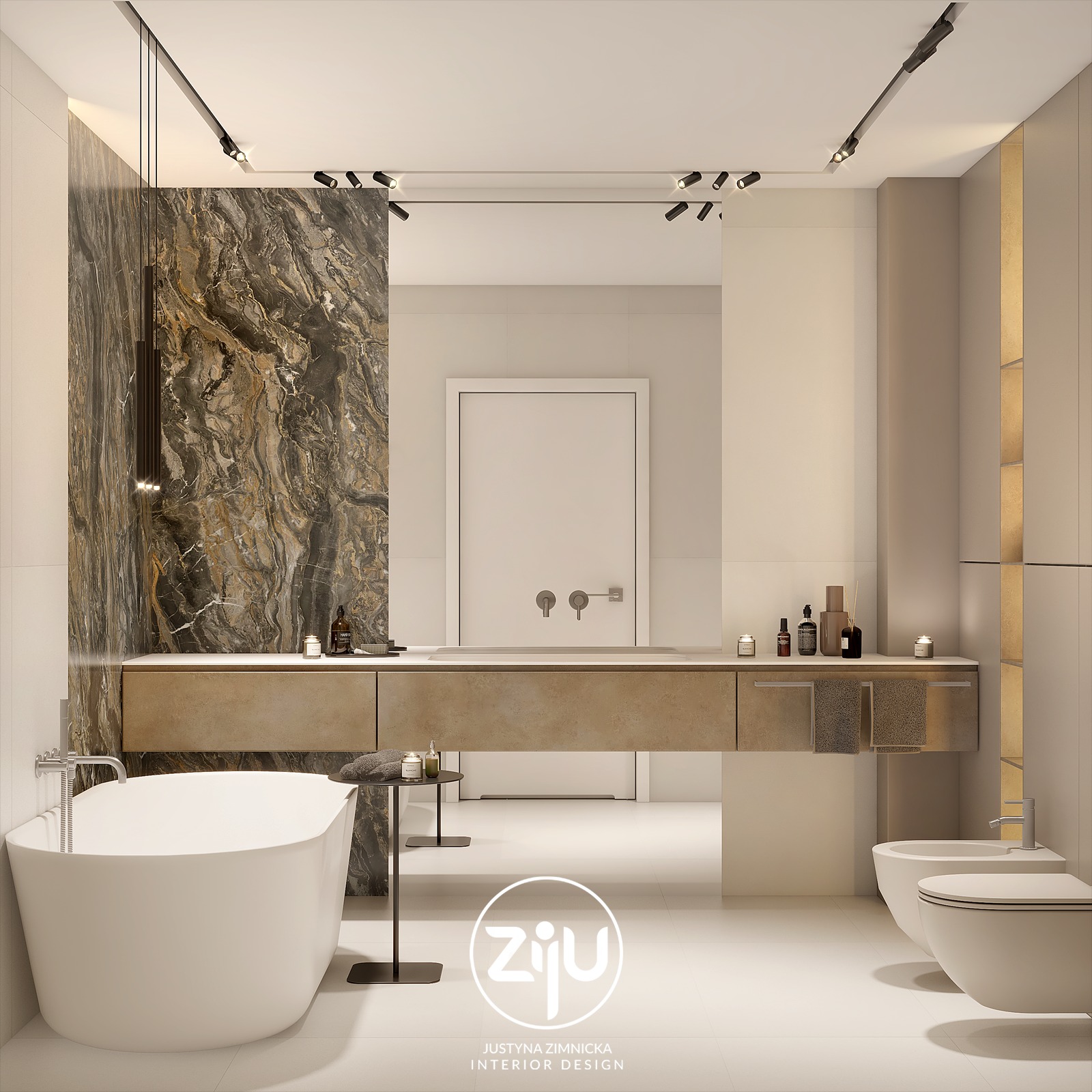 Nowoczesna łazienka z marmurową ścianą, podwieszaną szafką z umywalką, wolnostojącą wanną i oświetleniem punktowym na szynoprzewodach.