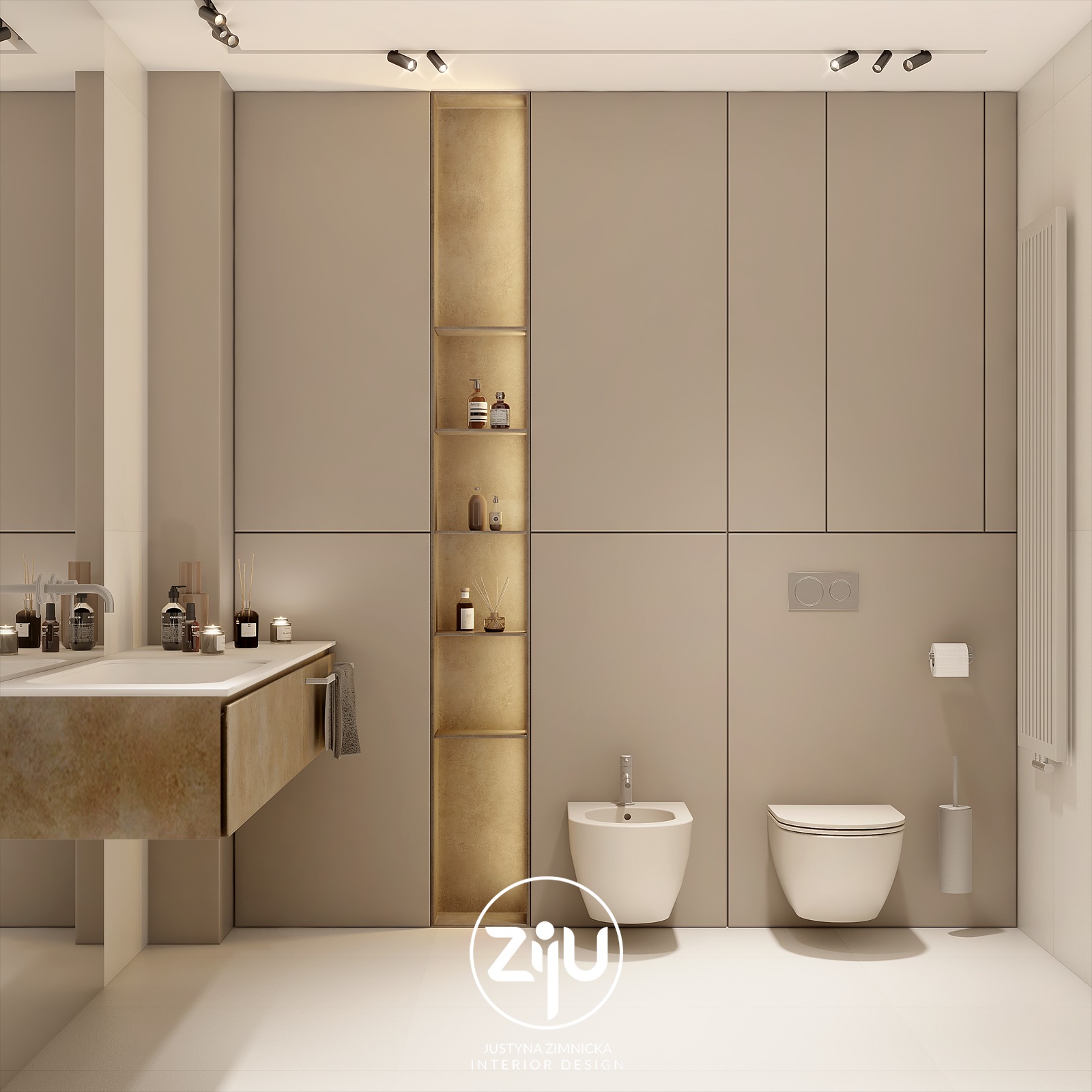 Minimalistyczna łazienka w odcieniach beżu z podświetlanymi półkami, umywalką z efektem kamienia, bidetem i toaletą, oświetleniem punktowym i grzejnikiem drabinkowym.