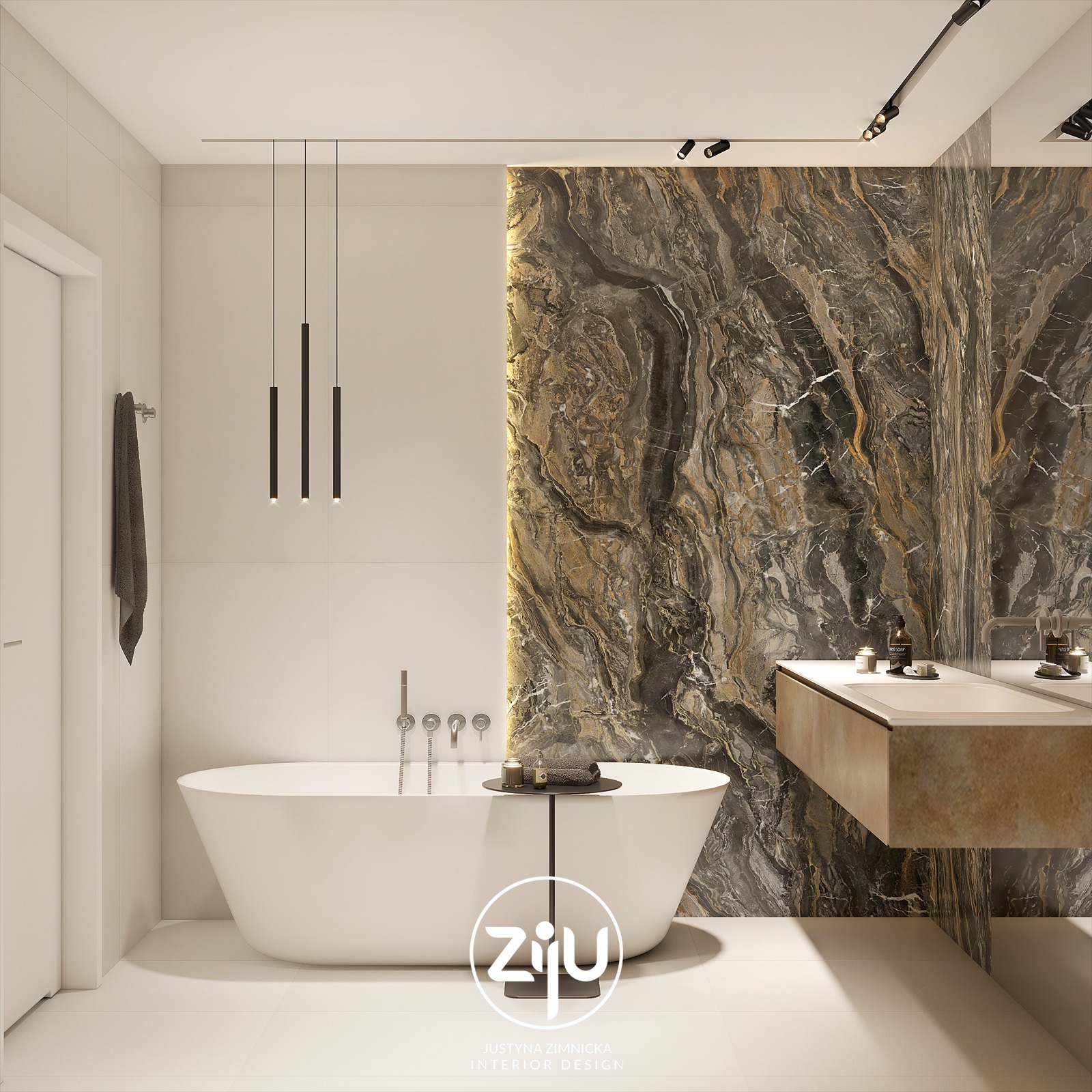 Nowoczesna łazienka z wolnostojącą białą wanną, marmurową ścianą akcentującą, podwieszaną szafką z umywalką i minimalistycznym oświetleniem punktowym.