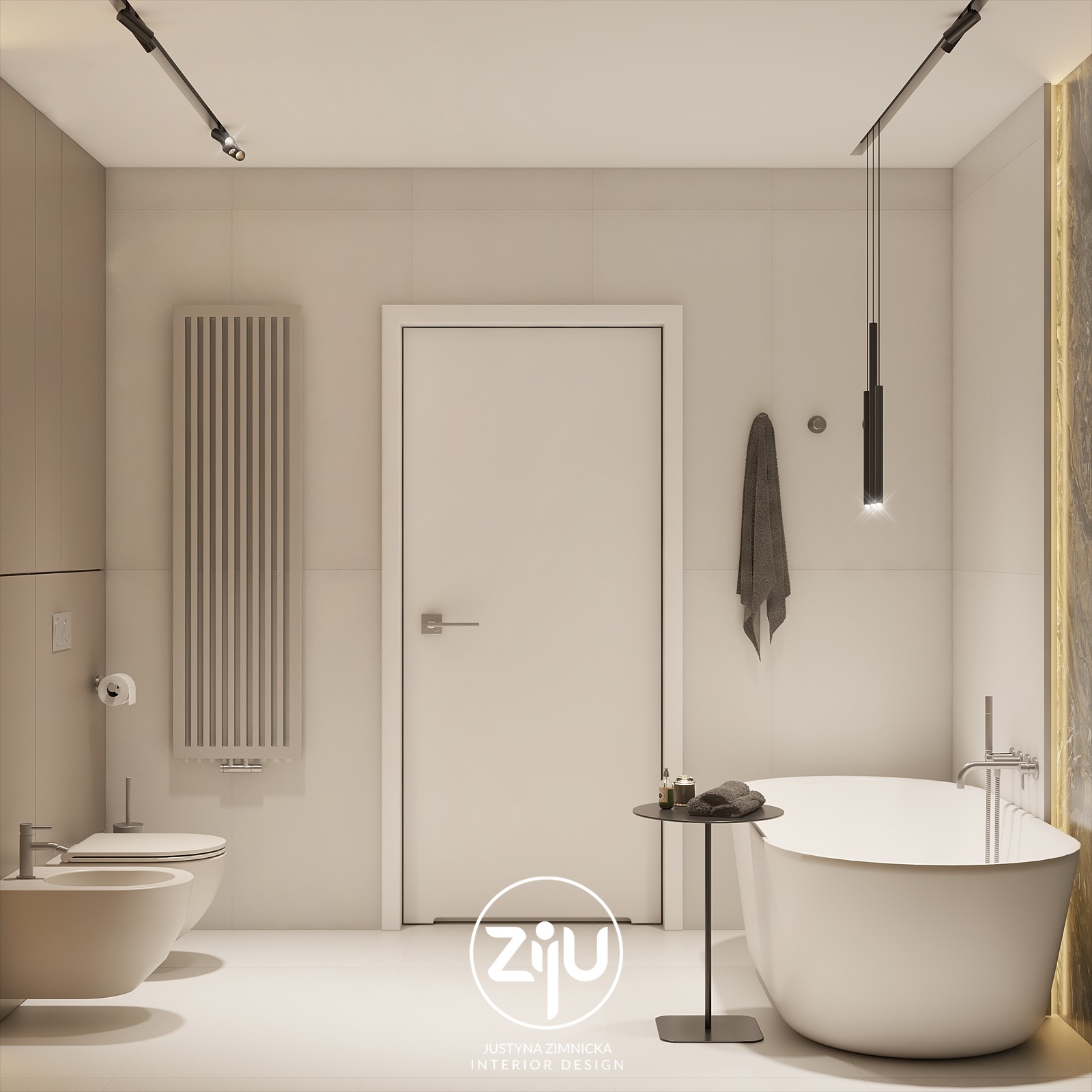 Minimalistyczna łazienka w beżowych tonacjach z wolnostojącą wanną, bidetem i grzejnikiem drabinkowym, oświetlona punktowymi lampami na szynie.