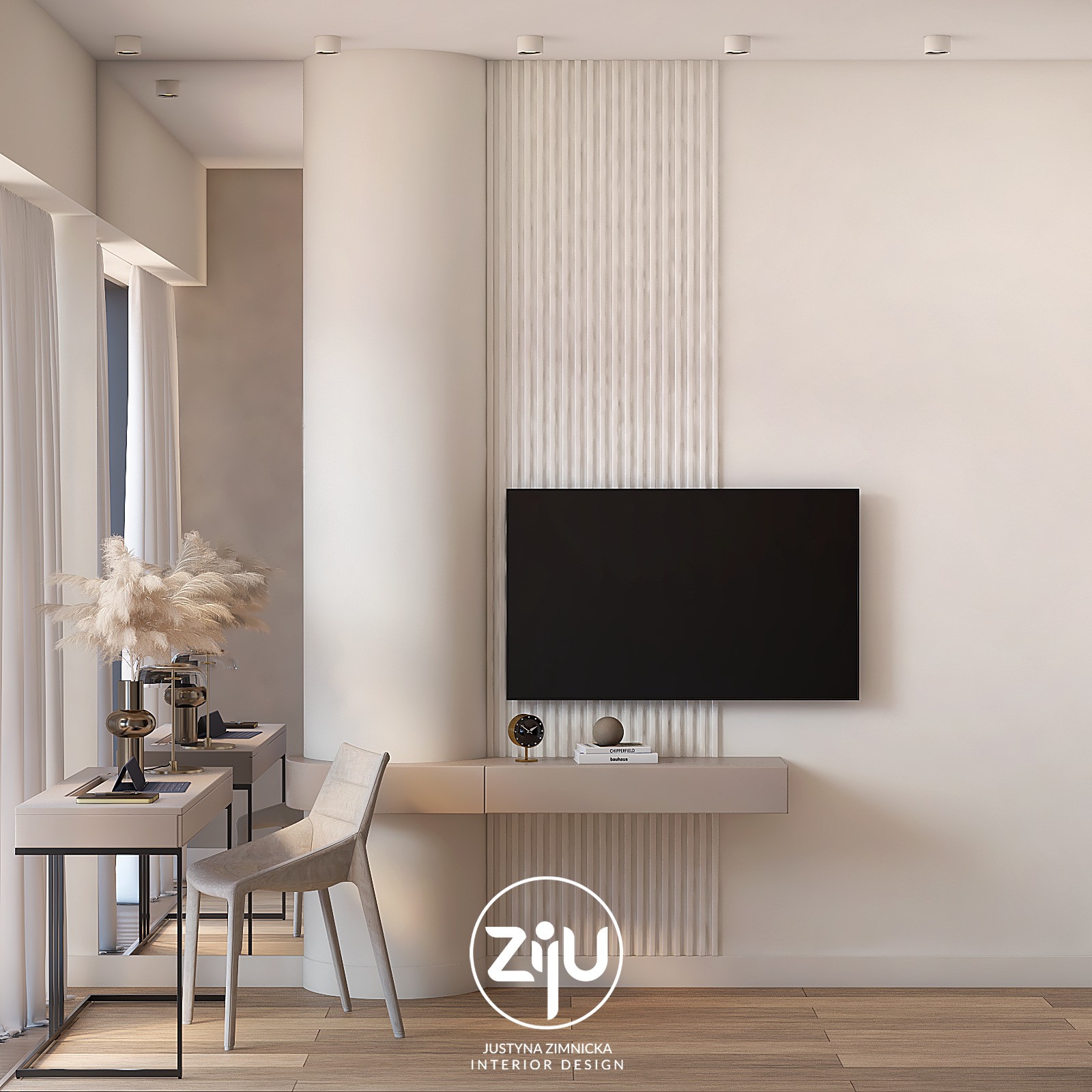 Nowoczesne wnętrze z biurkiem, krzesłem i telewizorem na ścianie z dekoracyjnymi panelami. Na biurku ozdobne wazony z suszonymi trawami. Widoczny minimalistyczny zegar i książki. Całość utrzymana...