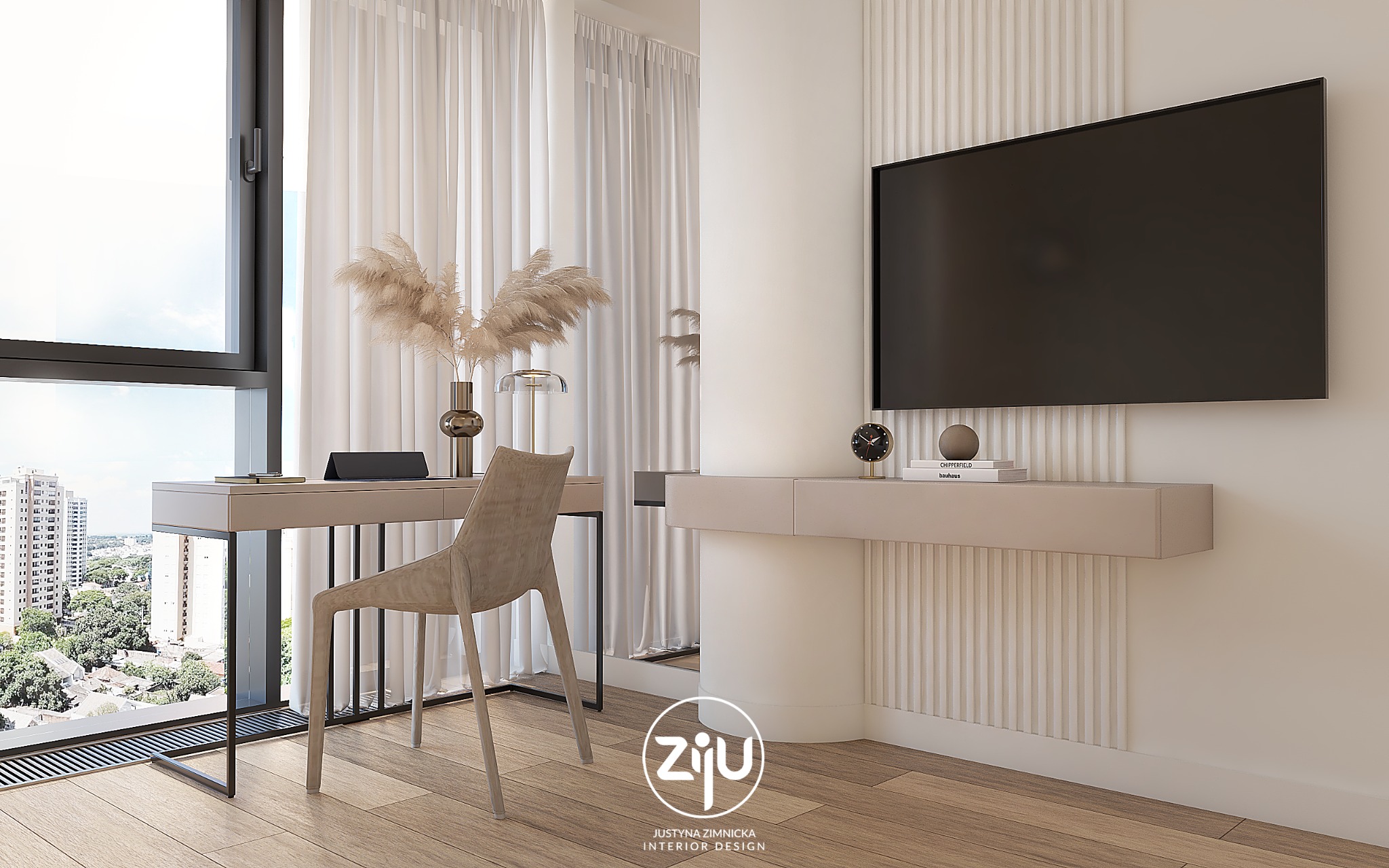 Nowoczesny pokój z biurkiem, krzesłem i telewizorem na ścianie z dekoracyjnymi panelami; widok na miasto przez okno.
