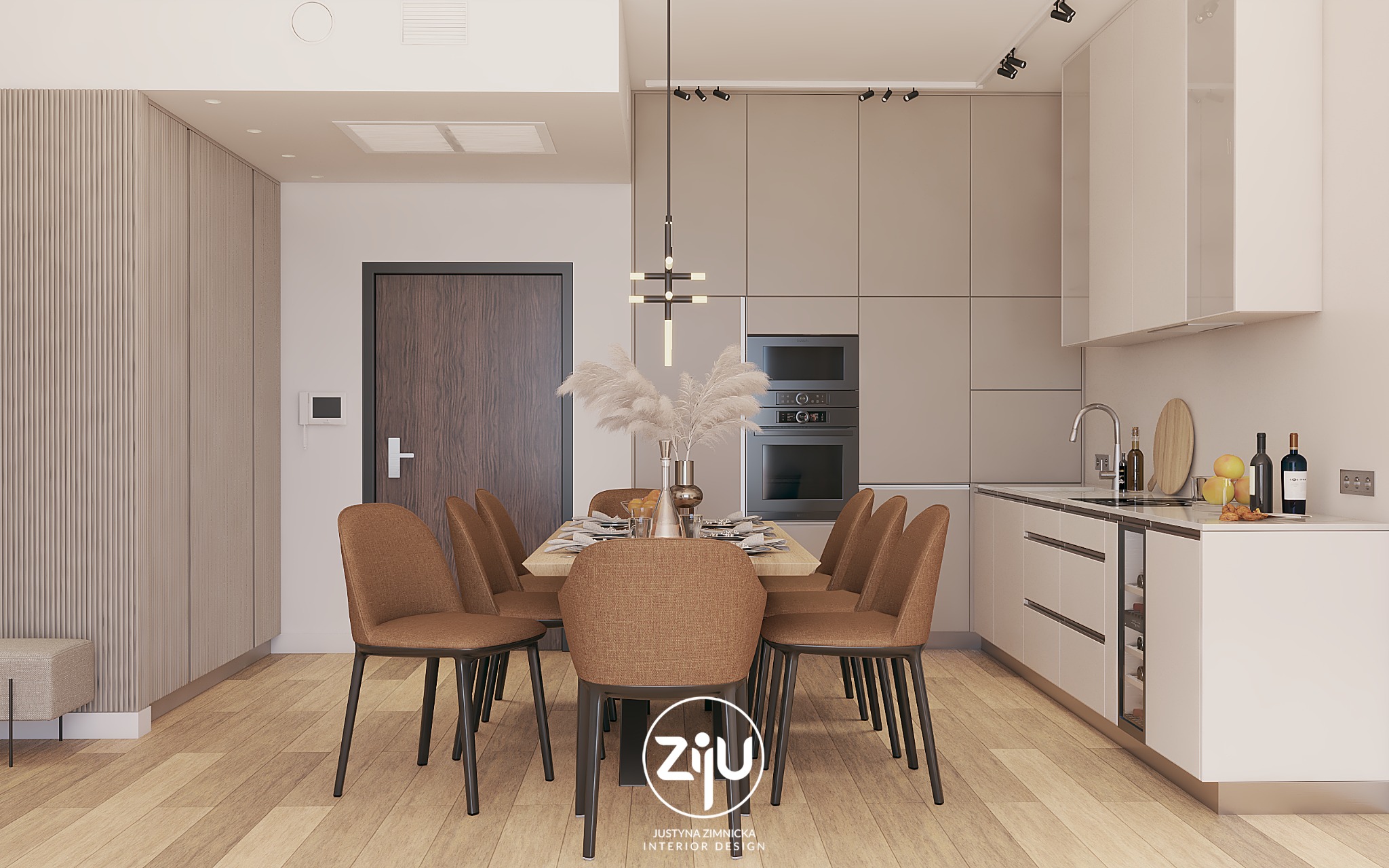 Wizualizacja nowoczesnej jadalni z kuchnią w neutralnej kolorystyce, stół z nakryciem dla ośmiu osób, minimalistyczne krzesła z brązową tapicerką, zabudowa kuchenna w odcieniach beżu i bieli...
