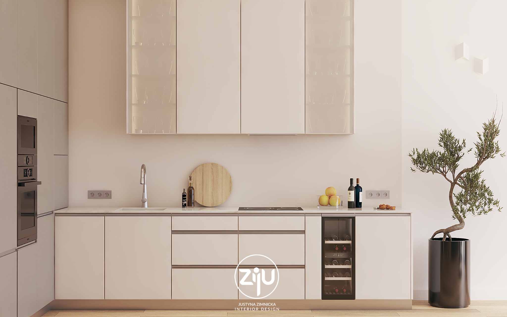 Minimalistyczna kuchnia w jasnych barwach z drewnianymi akcentami, wbudowaną chłodziarką na wino i dekoracyjnym drzewkiem bonsai.