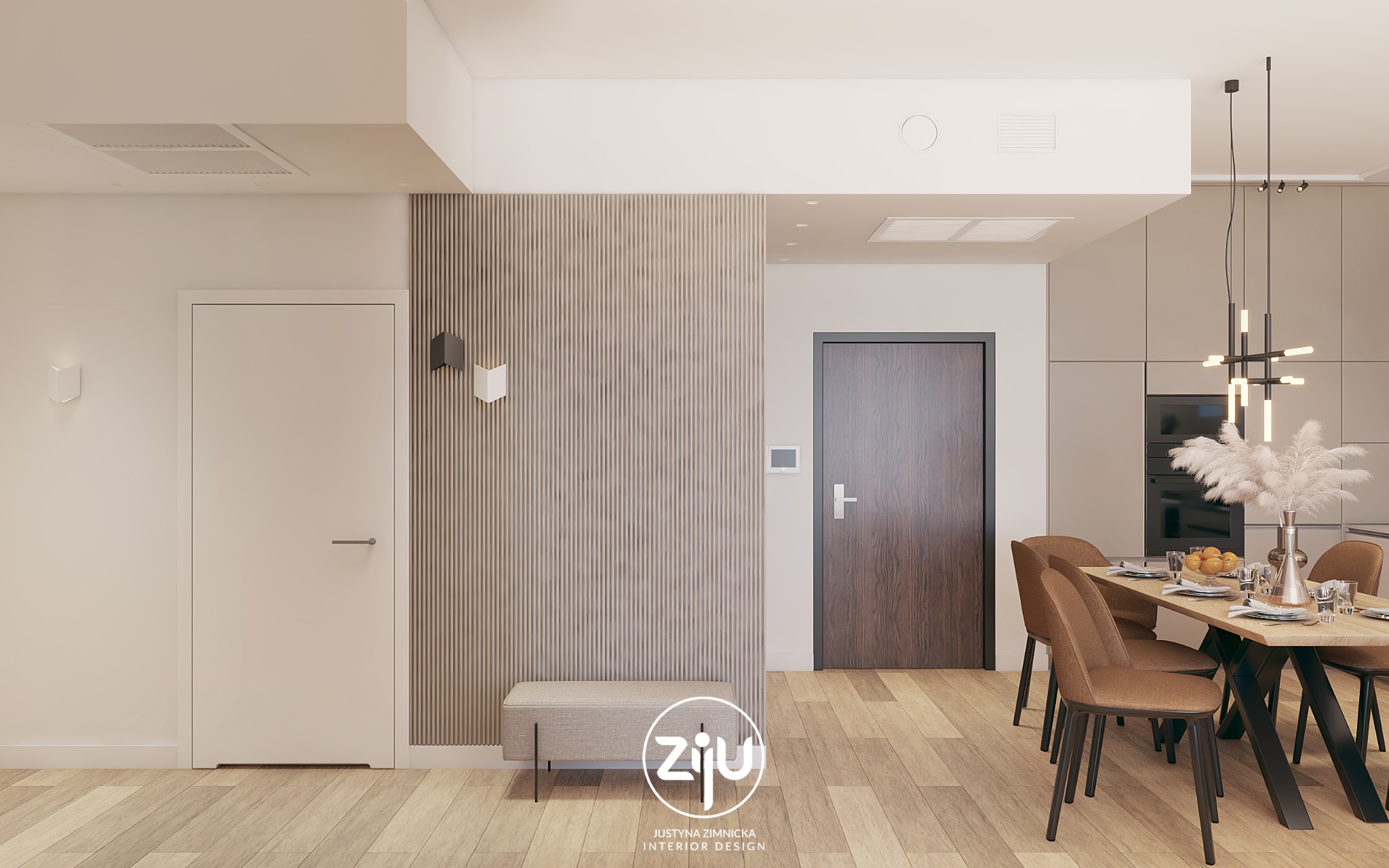 Nowoczesne wnętrze mieszkania z drewnianą podłogą, panelem ściennym z pionowych listewek, ławką, minimalistycznym oświetleniem i stołem jadalnym z dekoracjami.