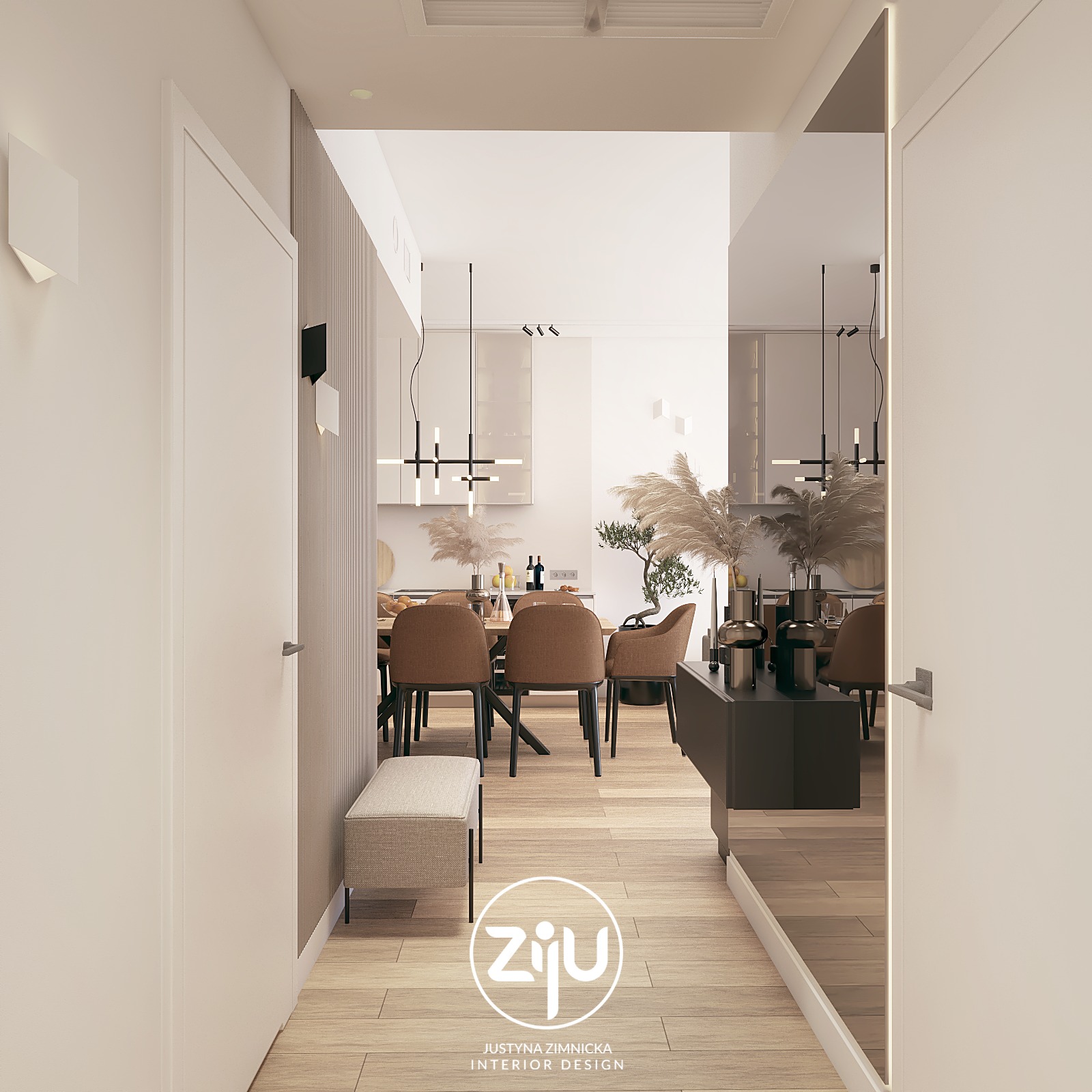 Wnętrze mieszkania z widokiem na jadalnię, aranżacja z drewnianą podłogą, stołem z krzesłami, dekoracyjnymi trawami w wazonach i minimalistycznym oświetleniem, widziane z przedpokoju.