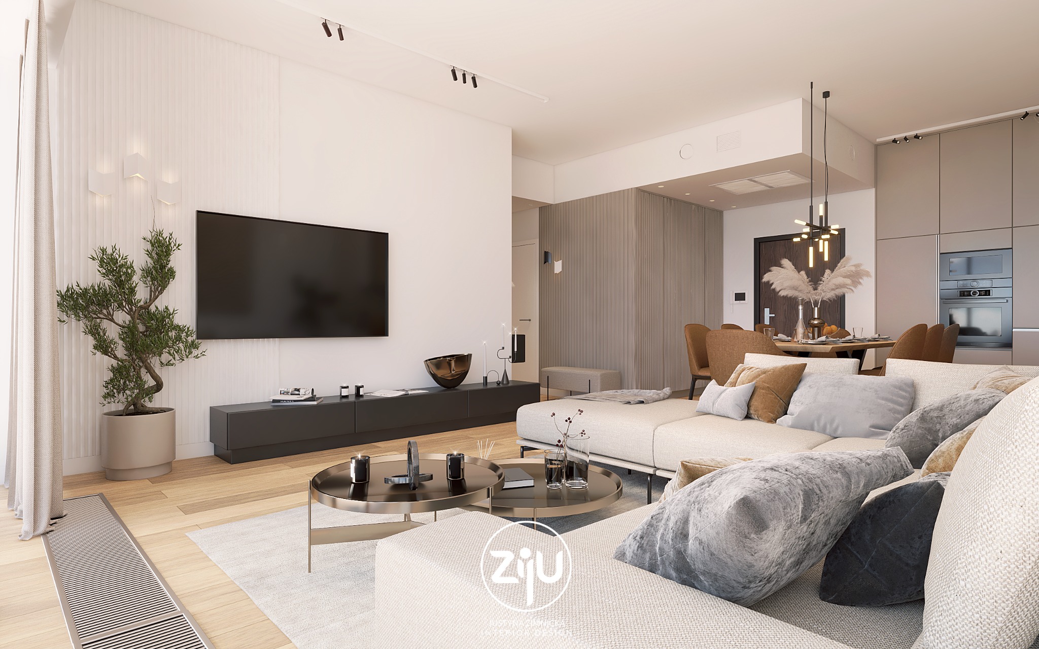 Jasne, przestronne wnętrze salonu z aneksem kuchennym w neutralnej kolorystyce, z dużym narożnikiem, stolikami kawowymi i telewizorem, oświetlone punktowymi lampami sufitowymi i z rośliną...
