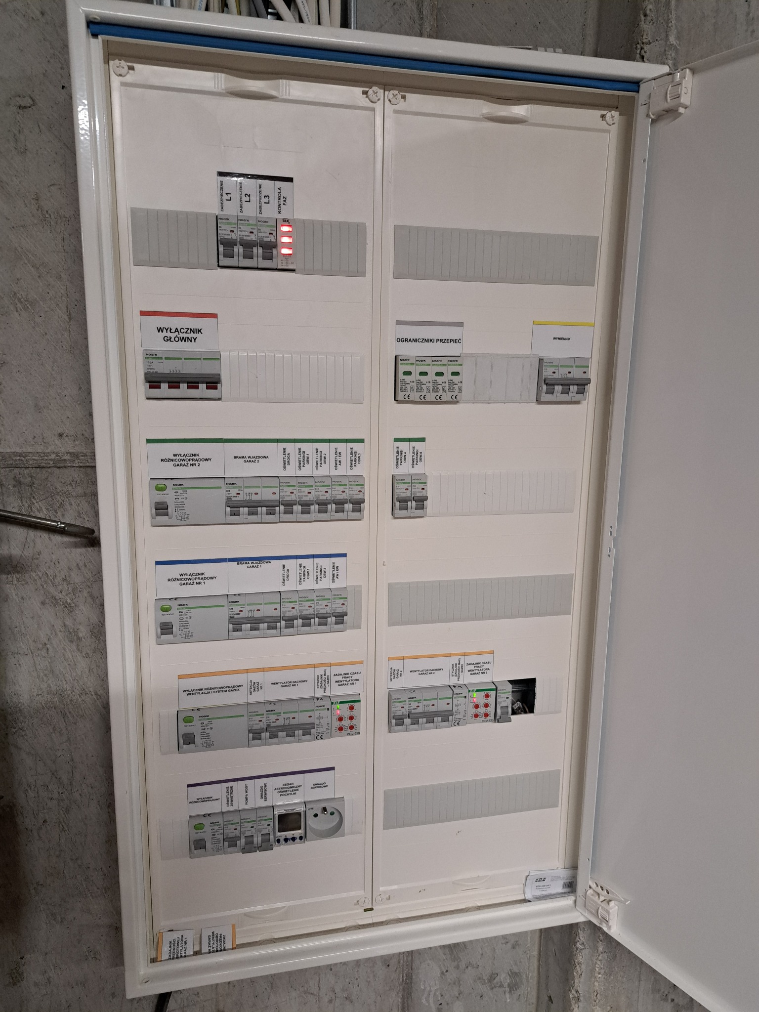 Otwarta skrzynka rozdzielcza z widocznymi bezpiecznikami, wyłącznikami różnicowoprądowymi i innymi elementami, umieszczona na surowej, betonowej ścianie w trakcie instalacji.