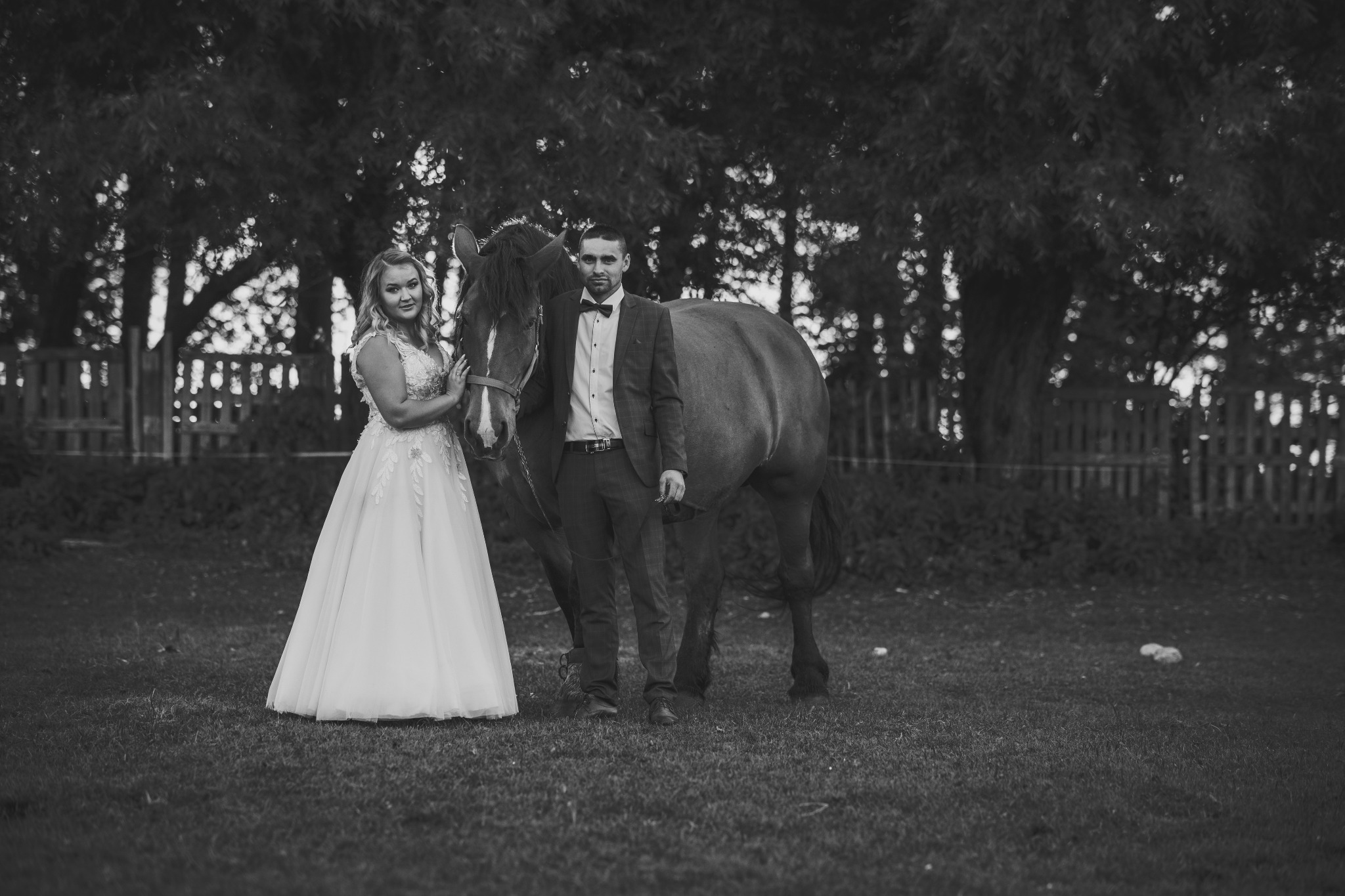 Czarno-białe zdjęcie pary młodej i konia na tle drzew, panna młoda w sukni z koronkowymi aplikacjami, pan młody w garniturze z muszką.