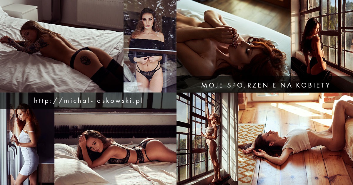Kolaż zdjęć studyjnych różnych kobiet w bieliźnie, prezentujących różne pozy i ujęcia, z tekstem 'MOJE SPOJRZENIE NA KOBIETY' i adresem strony fotografa.