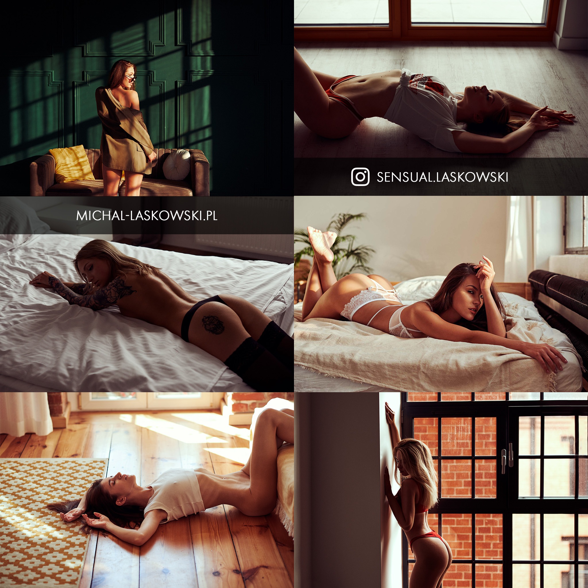 Mozaika zdjęć przedstawiająca różne ujęcia kobiece, w tym portrety i kadry z bielizną, w różnych pozach i sceneriach, charakteryzujące się naturalnym oświetleniem i estetycznym stylem.