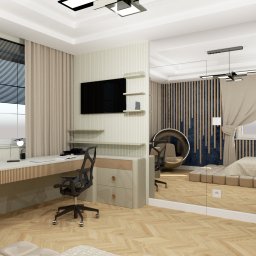 Bohema Studio - Wizualizacja pokoju z biurkiem, krzesłem biurowym i lustrem odbijającym sypialnię z łóżkiem na podeście z puf. Na ścianie telewizor i półki.