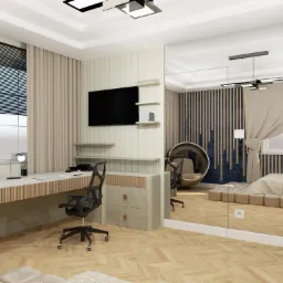 Wizualizacja pokoju z biurkiem, krzesłem biurowym i lustrem odbijającym sypialnię z łóżkiem na podeście z puf. Na ścianie telewizor i półki.