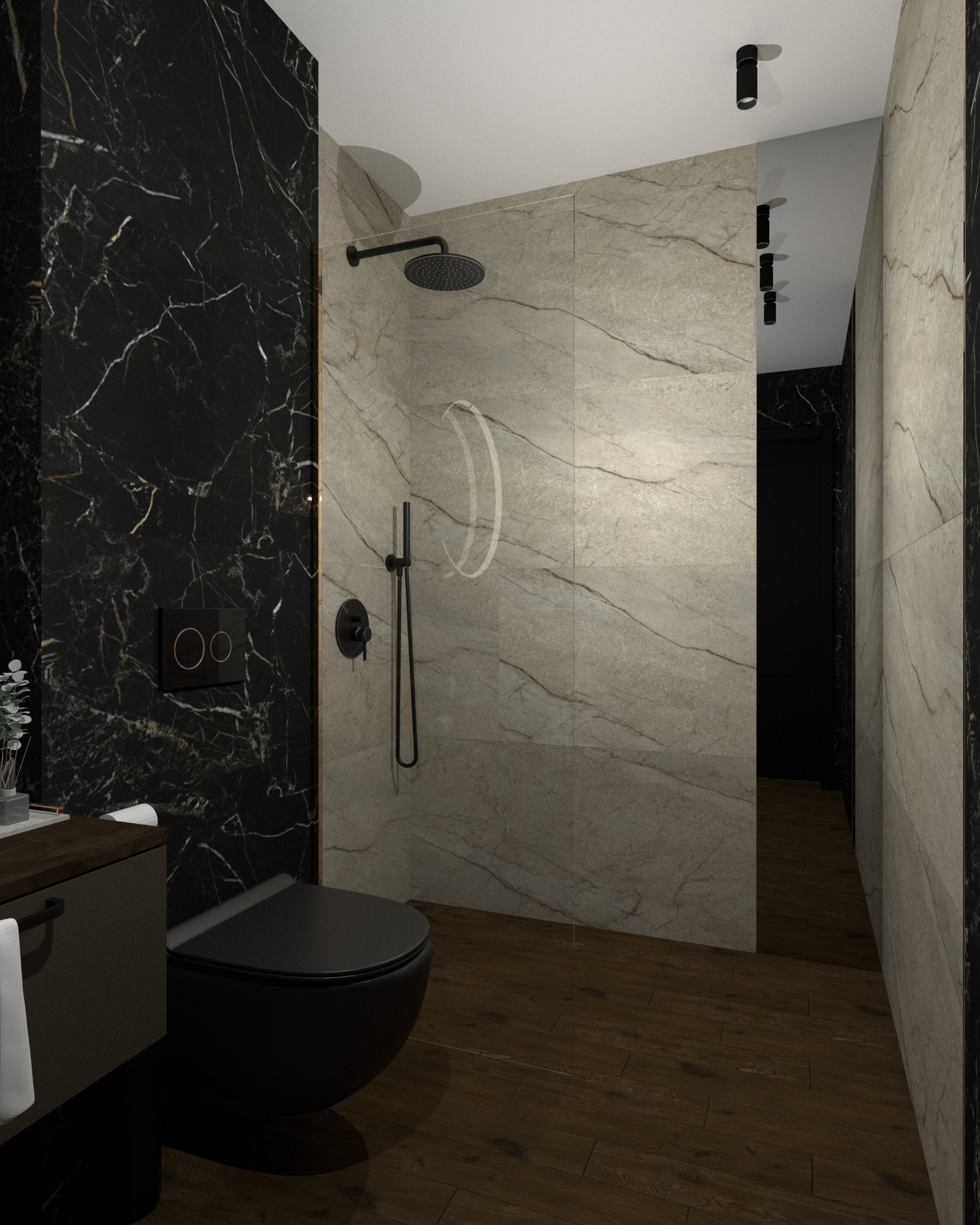 Nowoczesna łazienka z czarnymi marmurowymi płytkami, drewnianą podłogą i kabiną prysznicową ze szklaną ścianką, wyposażona w czarną armaturę i podtynkowy system spłukiwania.
