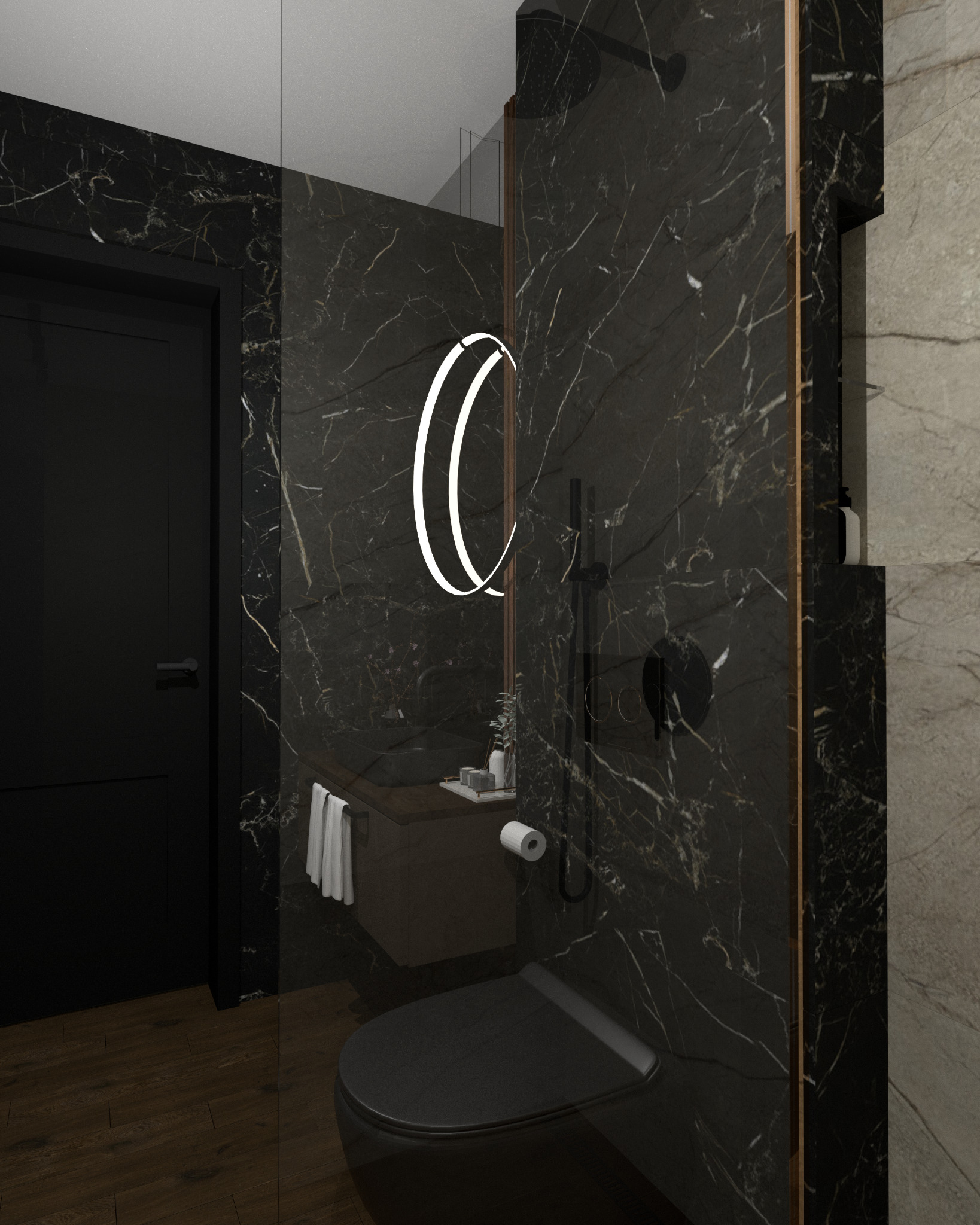 Nowoczesna łazienka z czarnym marmurem, okrągłym lustrem z podświetleniem LED i drewnianą podłogą, widok na toaletę i umywalkę z minimalistycznymi akcesoriami.