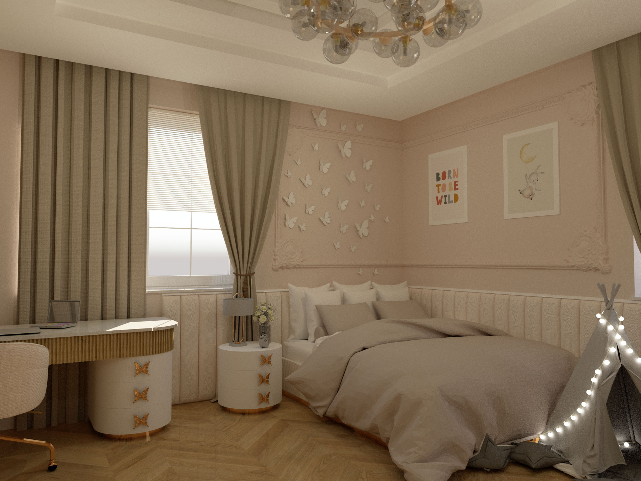 Pokój dziecięcy w pastelowych kolorach z łóżkiem, biurkiem z motywem motyli, tipi z lampkami i dekoracjami ściennymi z motywami zwierzęcymi.