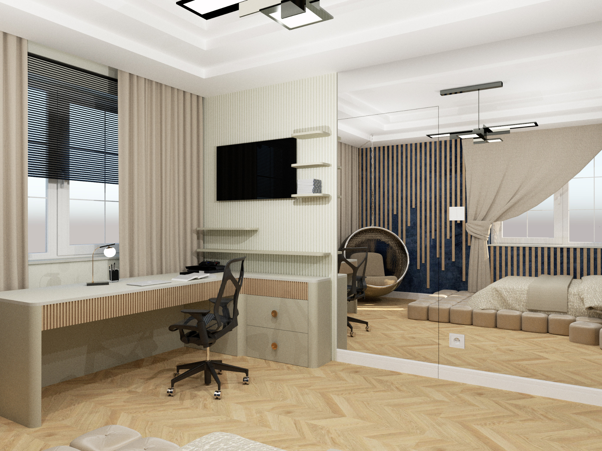 Wizualizacja pokoju z biurkiem, krzesłem biurowym i lustrem odbijającym sypialnię z łóżkiem na podeście z puf. Na ścianie telewizor i półki.