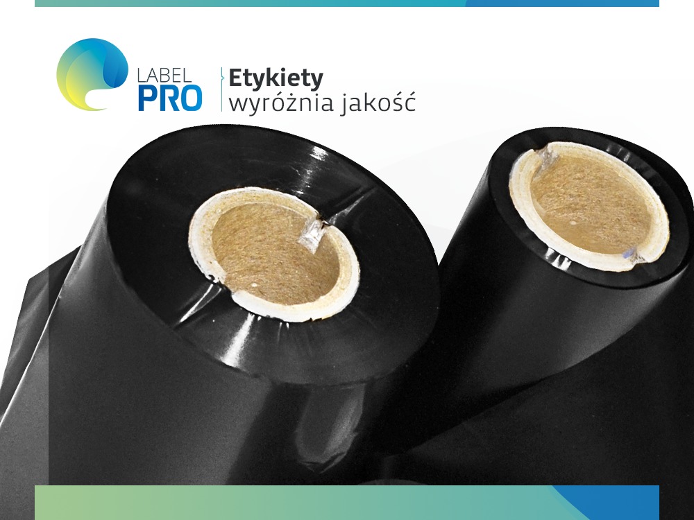 Dwie rolki czarnej folii termotransferowej do druku etykiet, widoczne tekturowe rdzenie, logo LabelPro w tle.