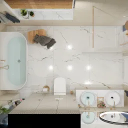 Widok z góry na elegancką łazienkę z marmurowymi płytkami, owalną wanną z armaturą w kolorze złota, podwójną umywalką z okrągłymi lustrami i drewnianymi akcentami oraz ręcznikami w odcieniach...