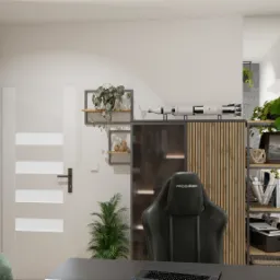 Wizualizacja nowoczesnego biura domowego z czarnym biurkiem, fotelem gamingowym ProGamer, ścianą z drewnianymi lamelami, półkami z roślinami i modelem rakiety kosmicznej.