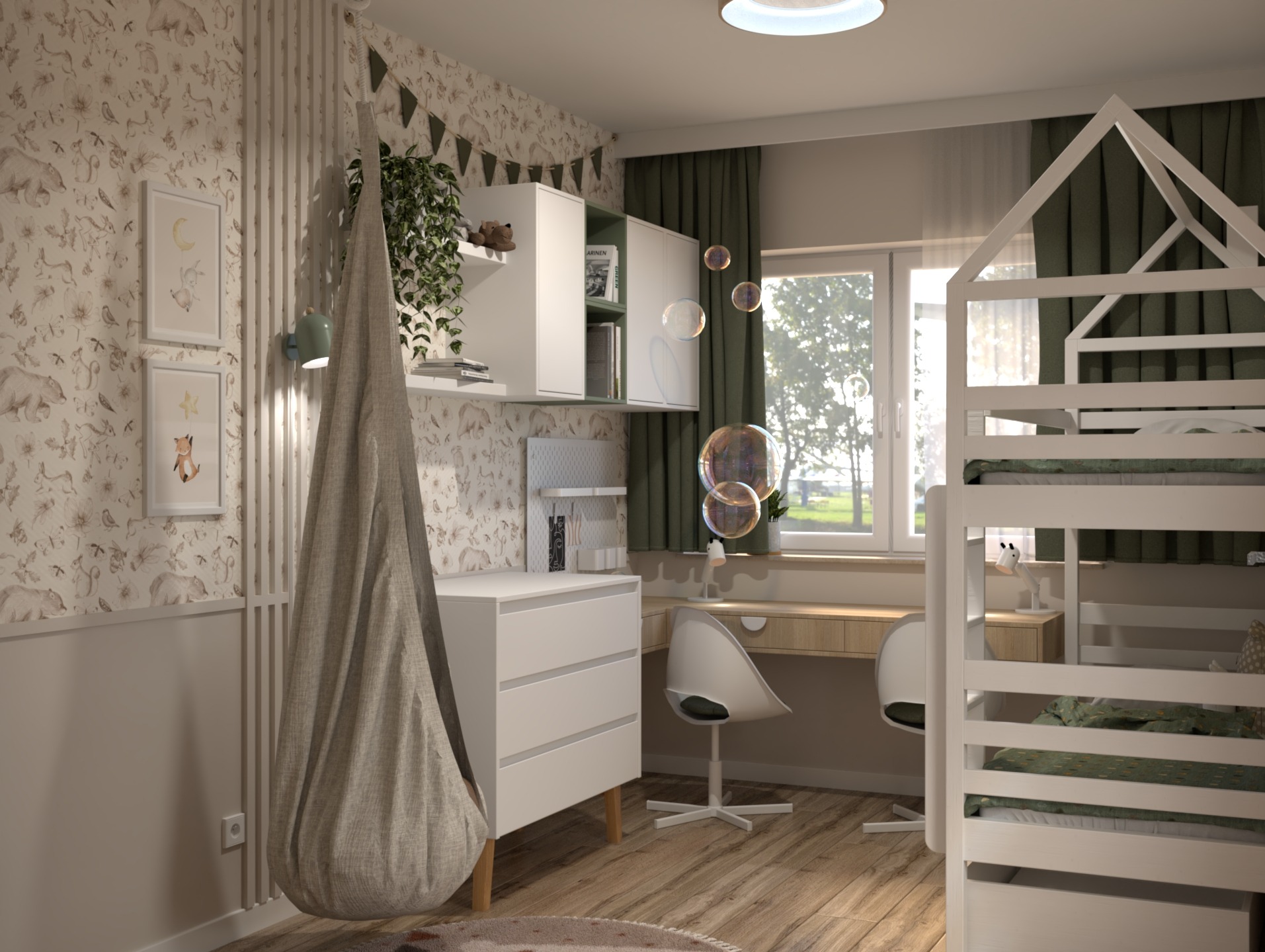 Pokój dziecięcy z łóżkiem piętrowym w kształcie domku, biurkiem, komodą i wiszącym fotelem hamakowym. Tapeta w zwierzęta, stonowana kolorystyka, naturalne światło.