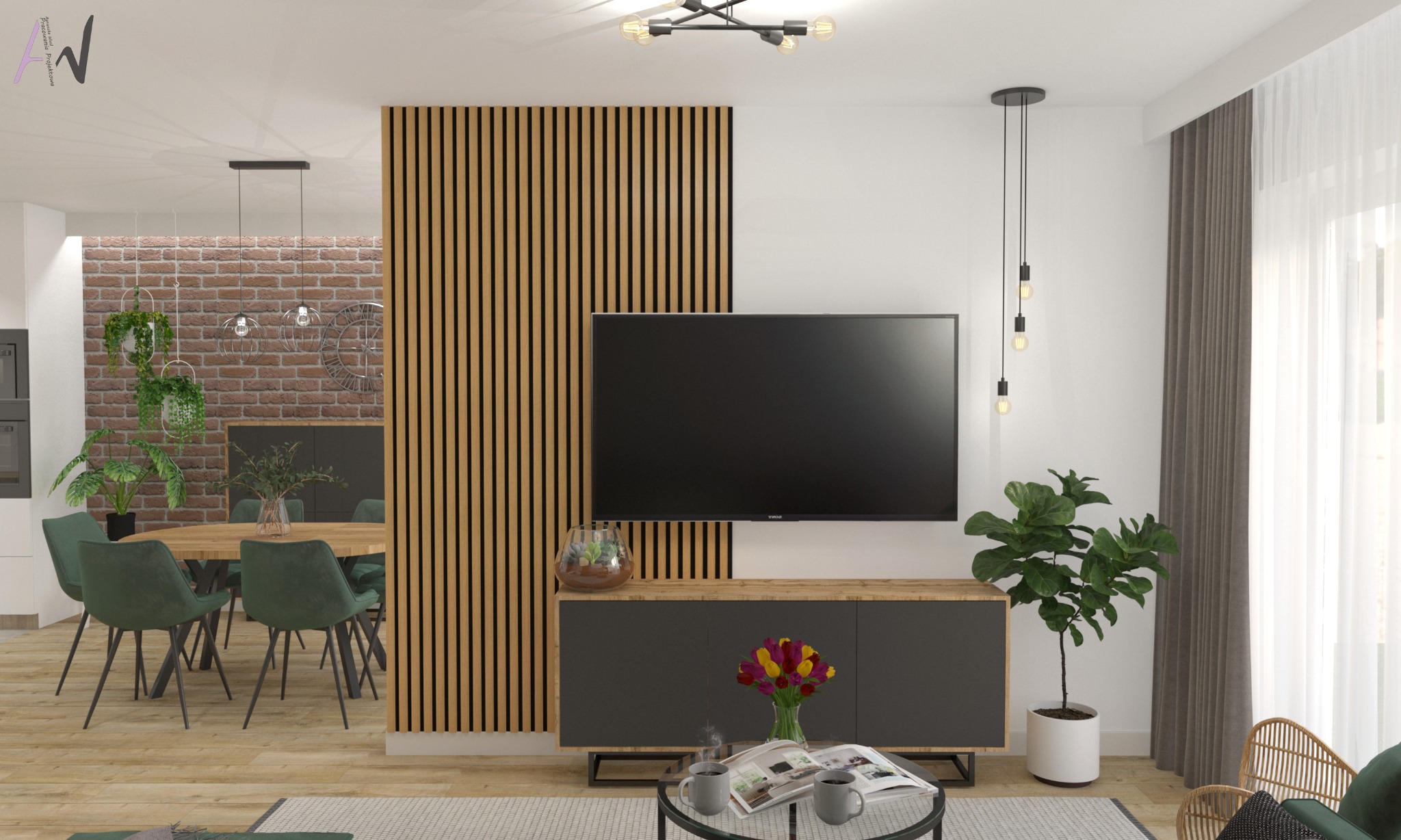 Wizualizacja salonu z drewnianymi lamelami na ścianie, telewizorem na szafce RTV, okrągłym stolikiem kawowym z czasopismami i filiżankami, oraz jadalnią z okrągłym stołem i zielonymi krzesłami w tle
